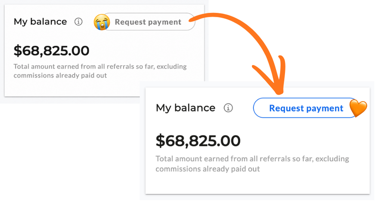 Affiliate dashboard 'Request payment' button going from greyed out to active blue